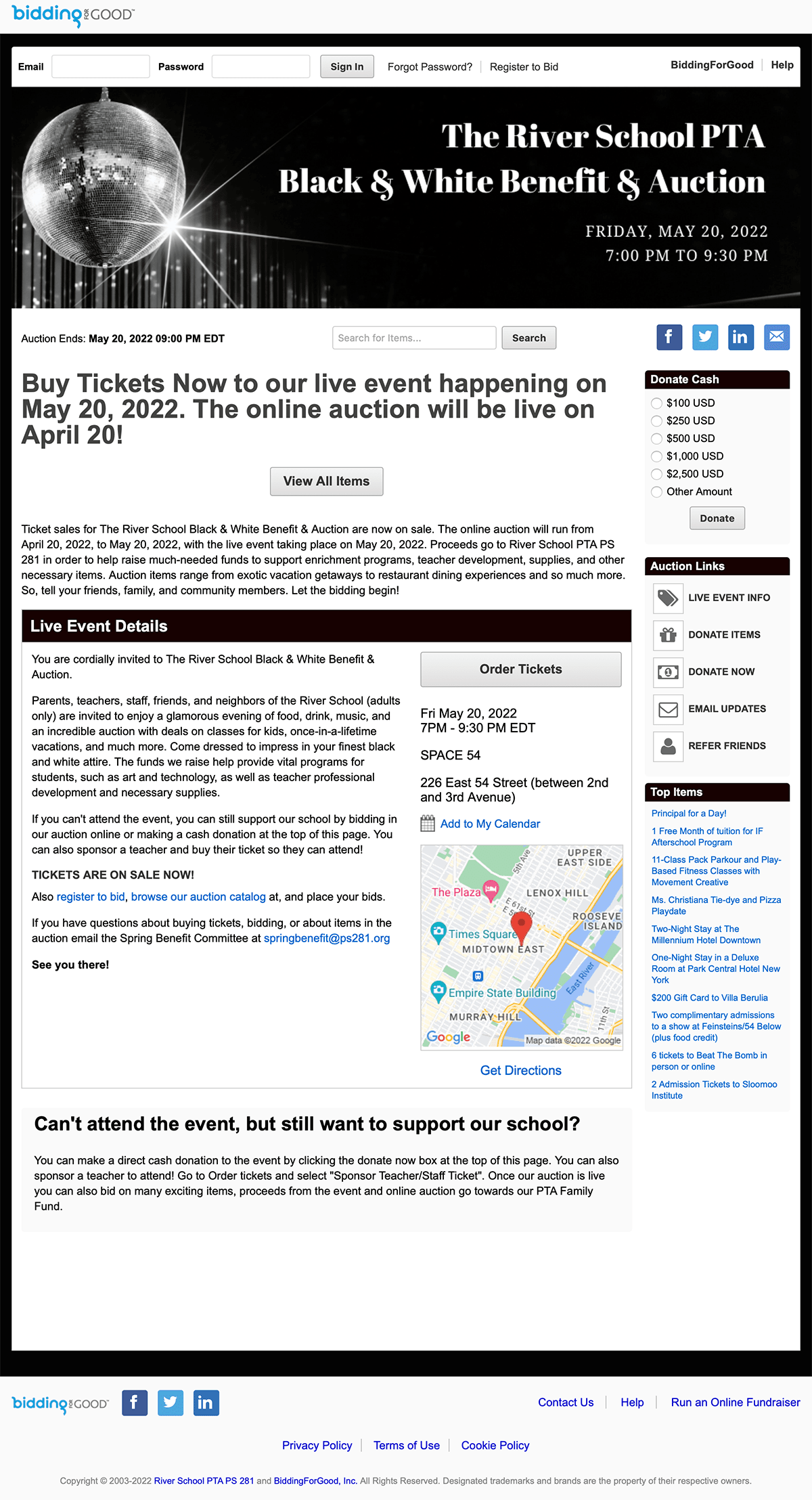 Screen shot of the River School auction homepage