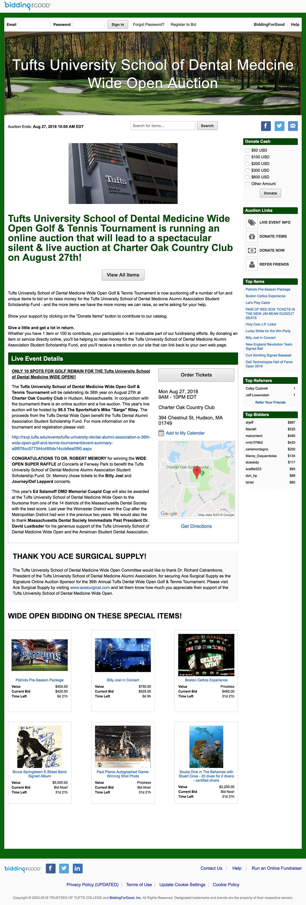 Screen shot of Tufts University School of Dental Medicine auction homepage