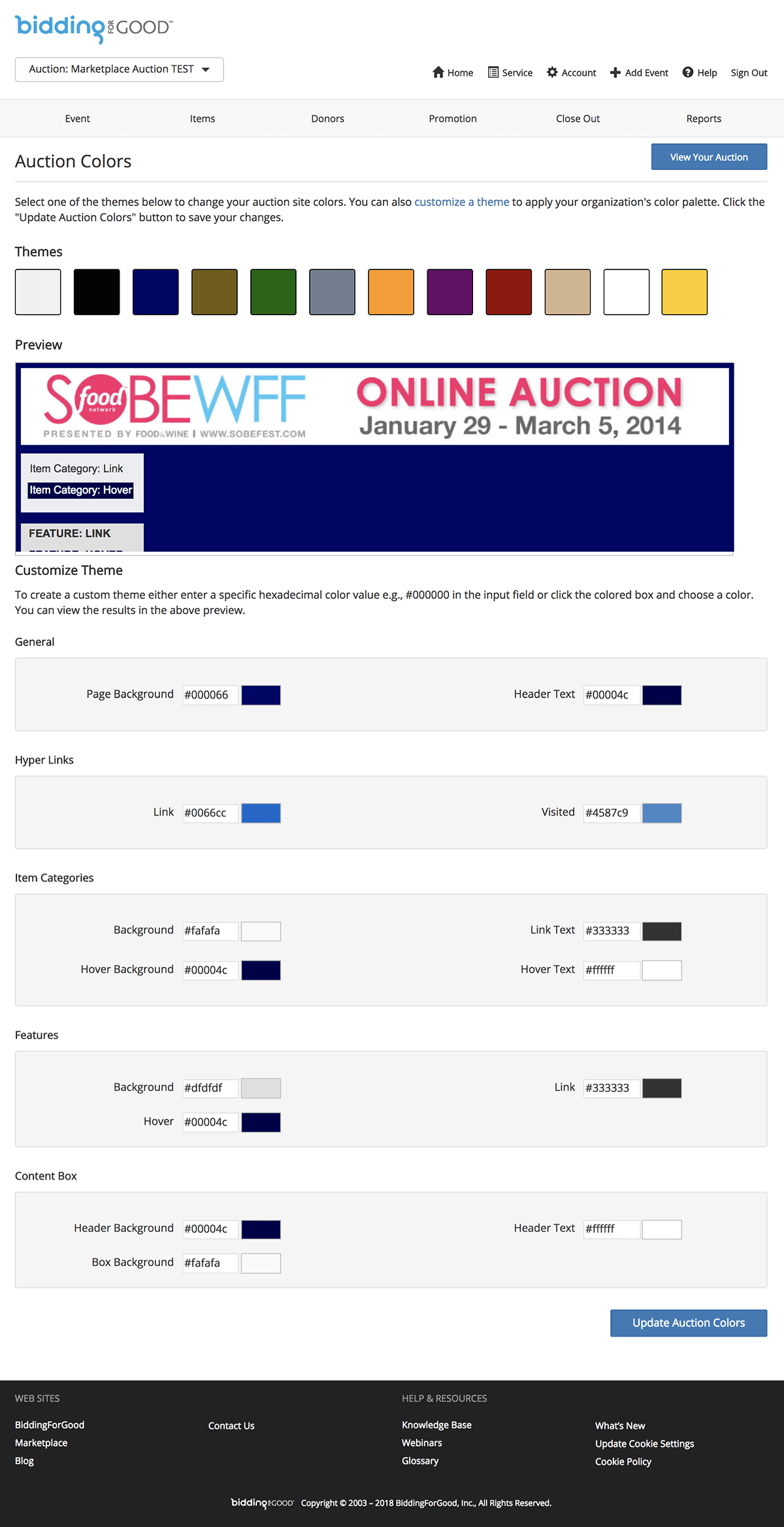 Screen shot of BiddingForGood auction manager auction colors page design