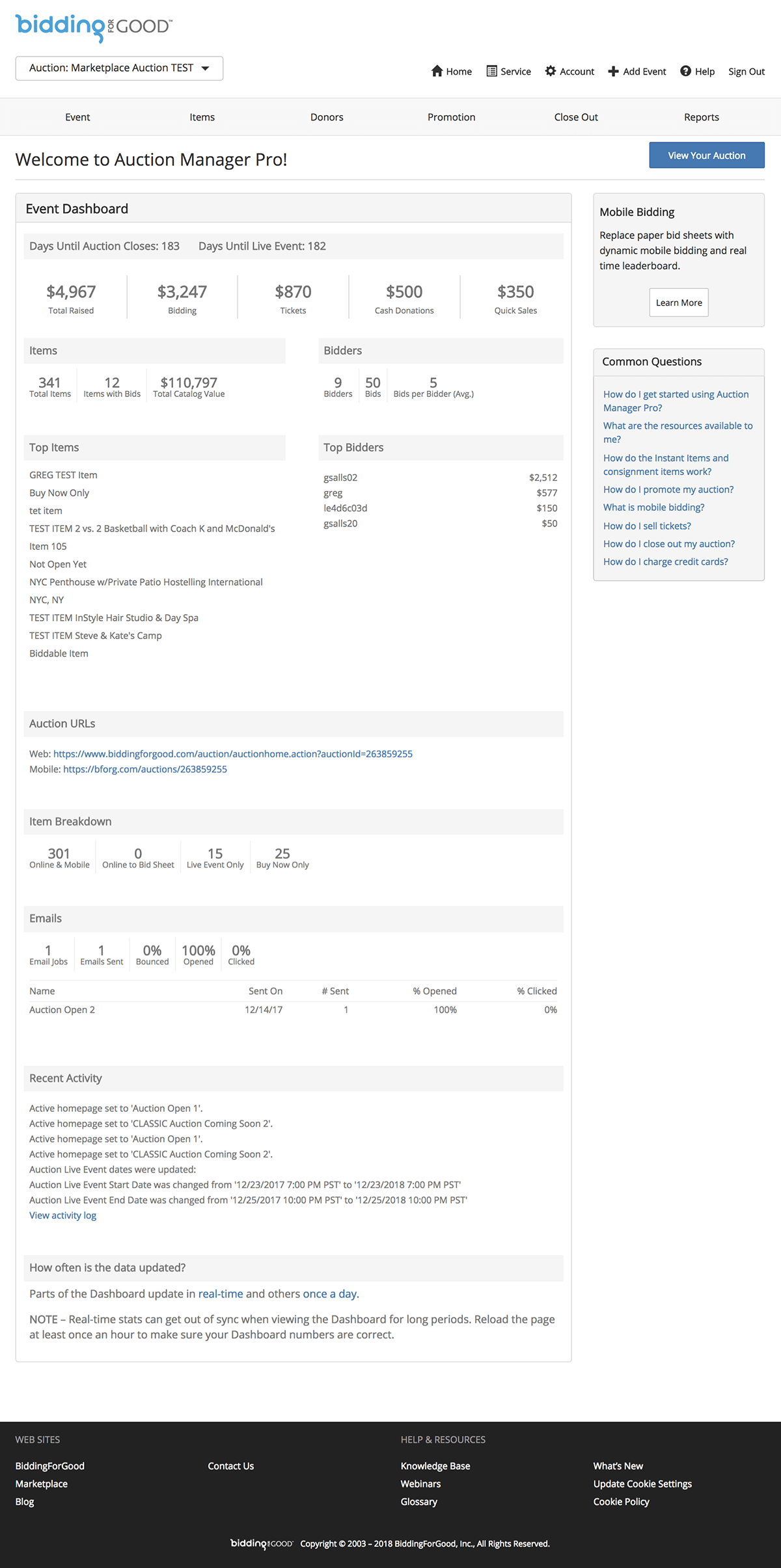 Screen shot of BiddingForGood auction manager dashboard page design