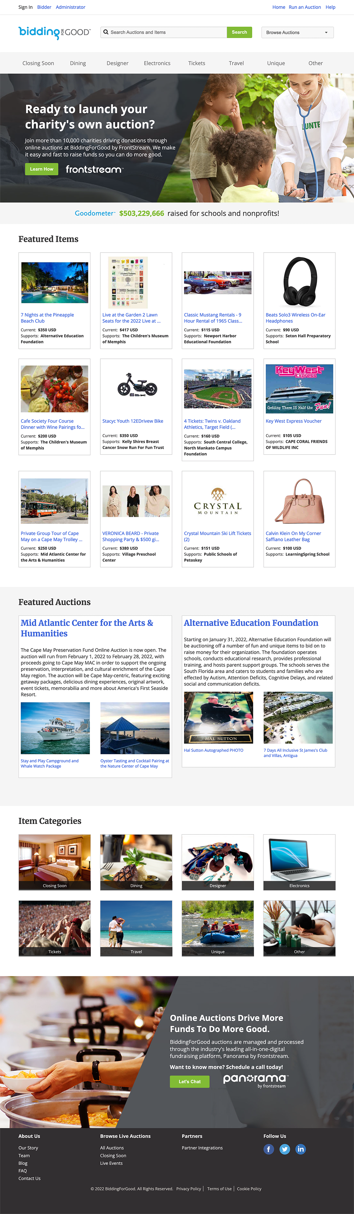 Screen shot of BiddingForGood  homepage design