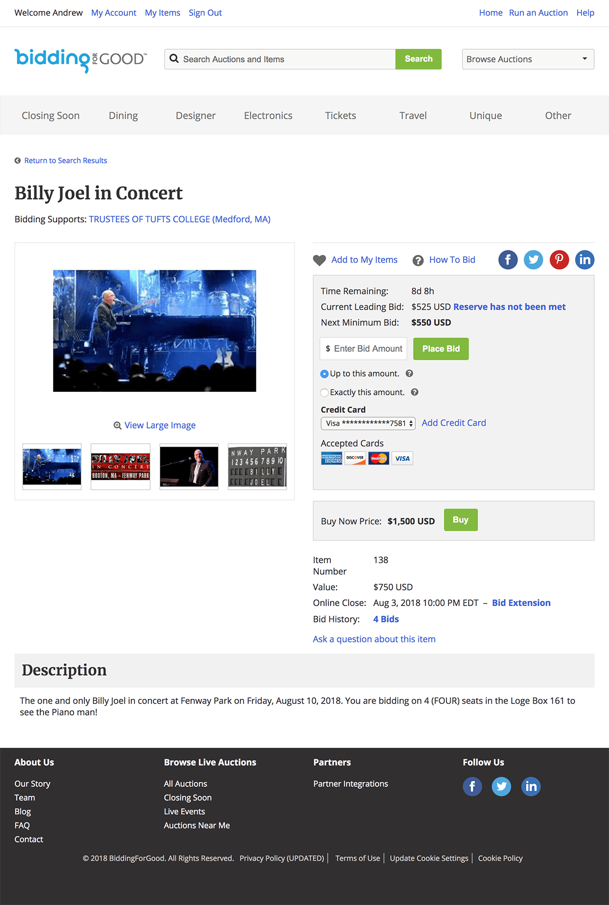 Screen shot of BiddingForGood item bid page design