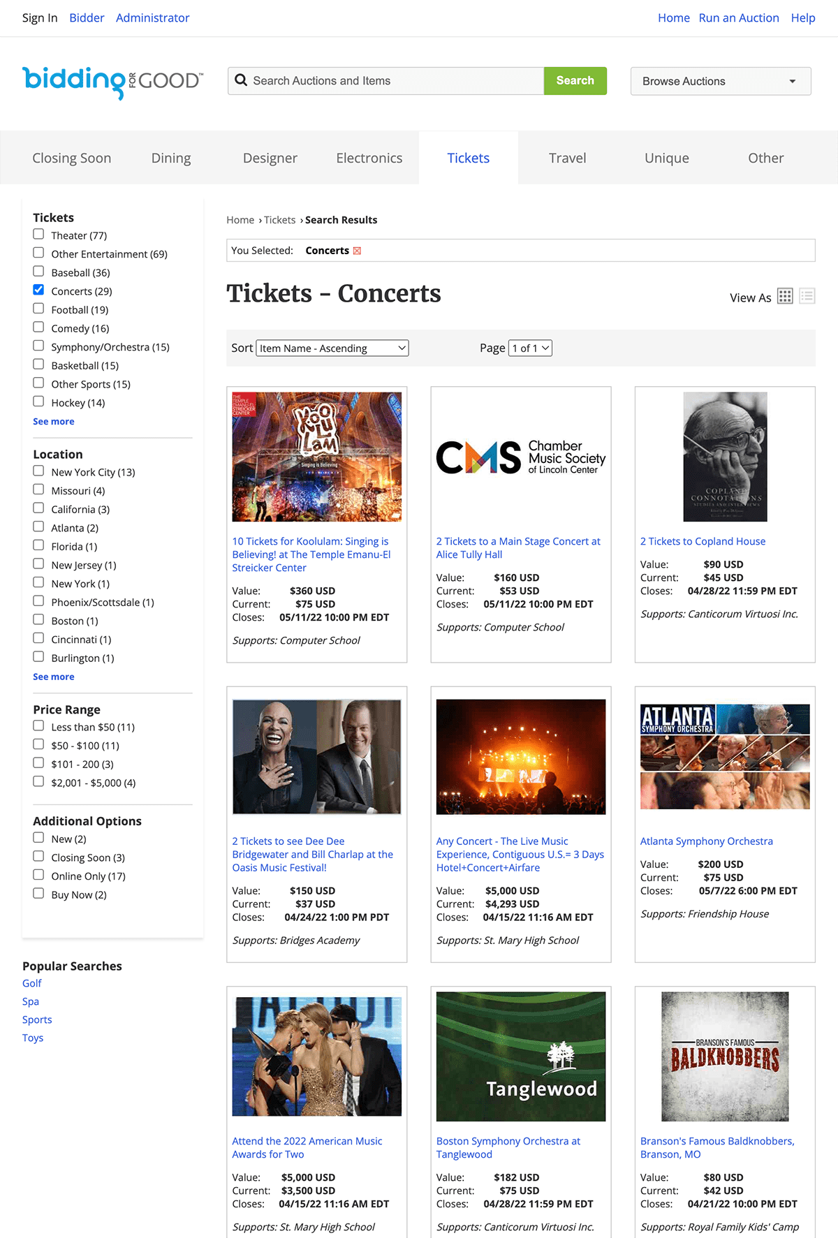 Screen shot of BiddingForGood tickets item catgory page design